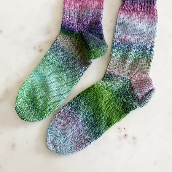 Hand Knit Wool Blend Socks, in Multicolor Green, Pink & Purple - Picture 4 of 11